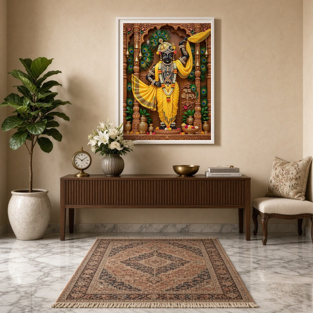 Experience the divine grace of Shrinathji depicted in this exquisite Pichwai artwork. The intricate for Entrance