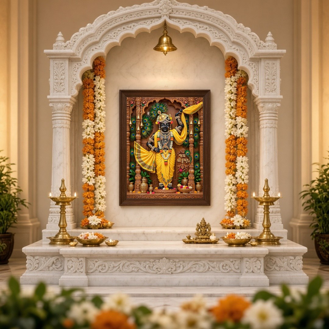 Experience the divine grace of Shrinathji depicted in this exquisite Pichwai artwork. The intricate for Home Temple