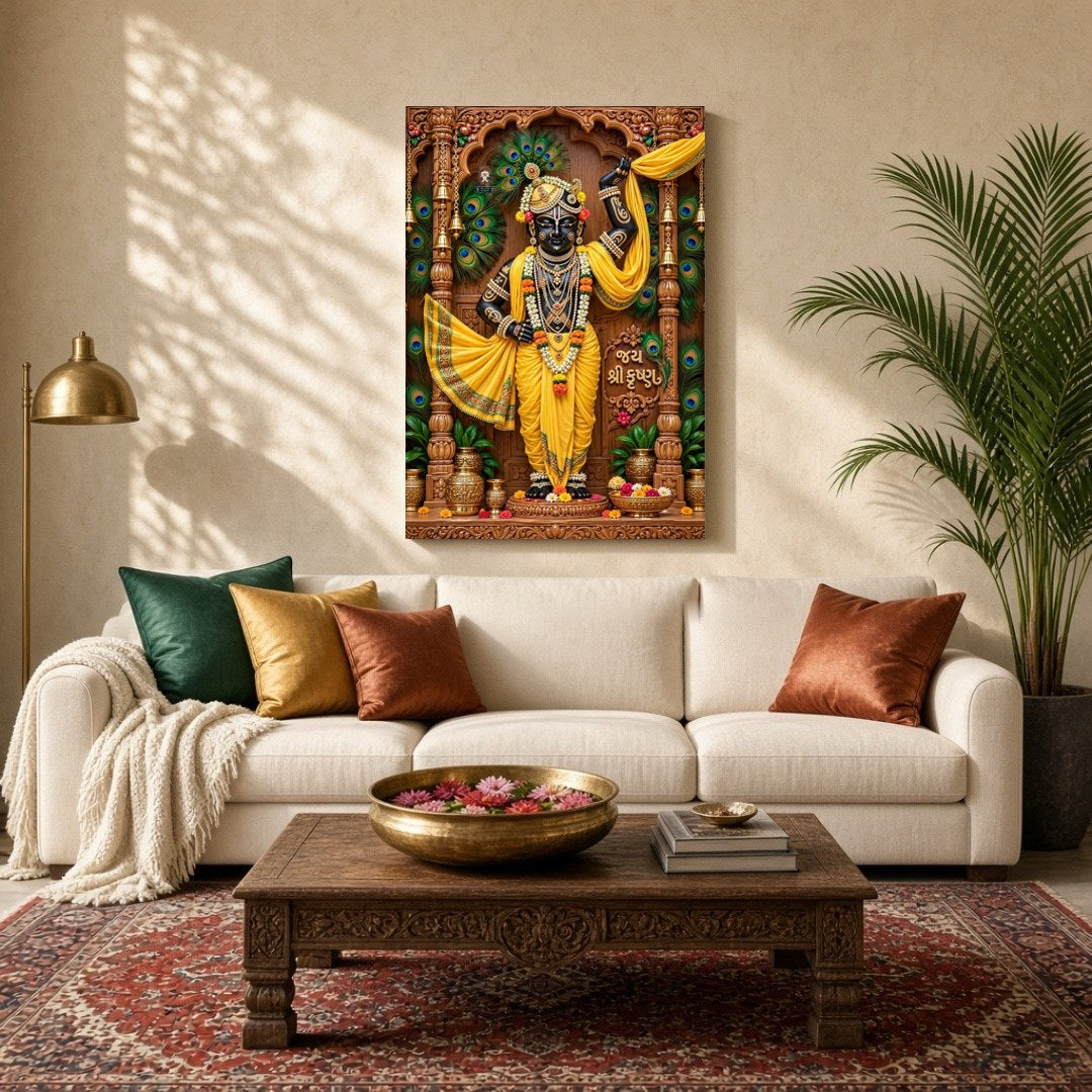 Experience the divine grace of Shrinathji depicted in this exquisite Pichwai artwork. The intricate for Living Room