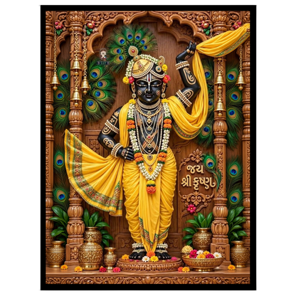 Experience the divine grace of Shrinathji depicted in this exquisite Pichwai artwork. The intricate for lovely-house