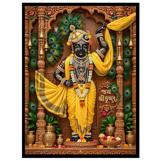 Experience the divine grace of Shrinathji depicted in this exquisite Pichwai artwork. The intricate for lovely-house