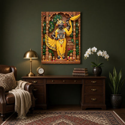 Experience the divine grace of Shrinathji depicted in this exquisite Pichwai artwork. The intricate for Study