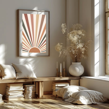 Add a touch of vintage charm to your space with this radiant sunburst wall art. Featuring earthy for interior