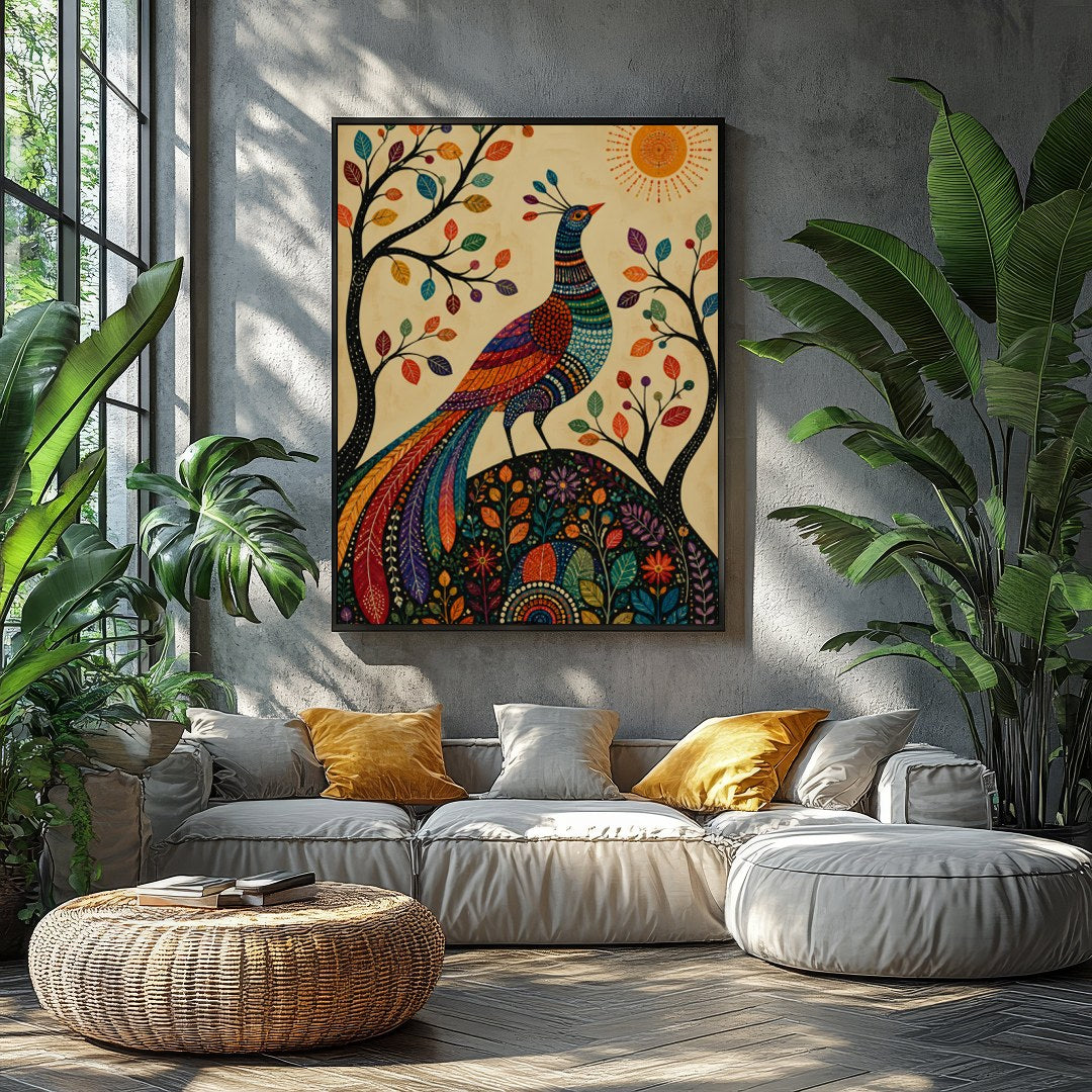 This captivating piece of art features a majestic peacock adorned in vibrant colors, standing for Balcony