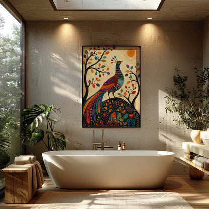This captivating piece of art features a majestic peacock adorned in vibrant colors, standing for Bathroom