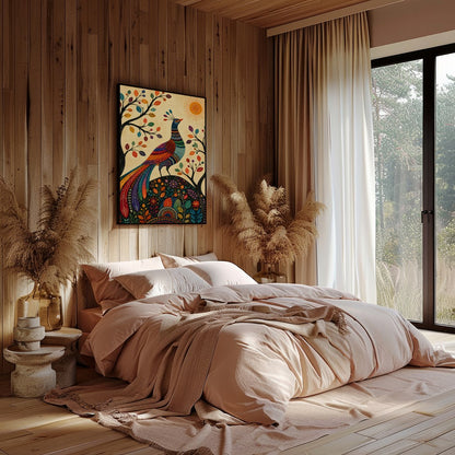 This captivating piece of art features a majestic peacock adorned in vibrant colors, standing for Bedroom