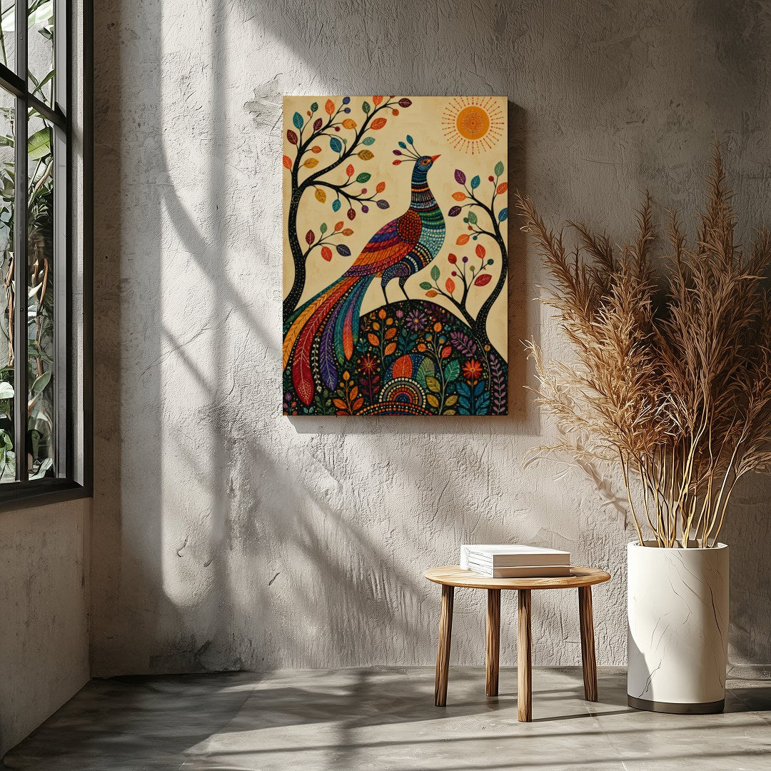 This captivating piece of art features a majestic peacock adorned in vibrant colors, standing for Entrance