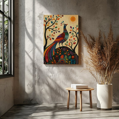 This captivating piece of art features a majestic peacock adorned in vibrant colors, standing for Entrance