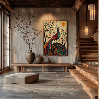 This captivating piece of art features a majestic peacock adorned in vibrant colors, standing for Hall