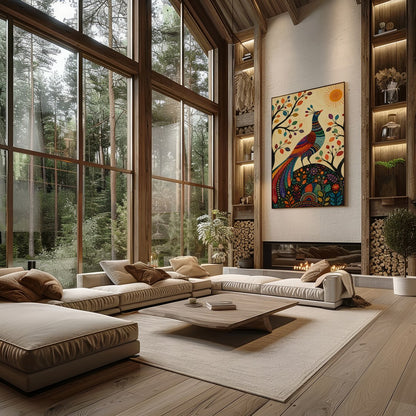 This captivating piece of art features a majestic peacock adorned in vibrant colors, standing for Living Room