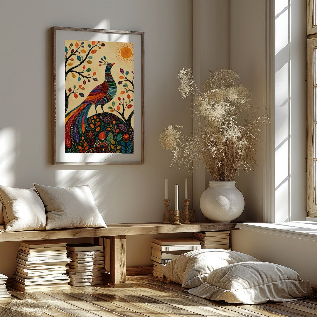 This captivating piece of art features a majestic peacock adorned in vibrant colors, standing for living-space