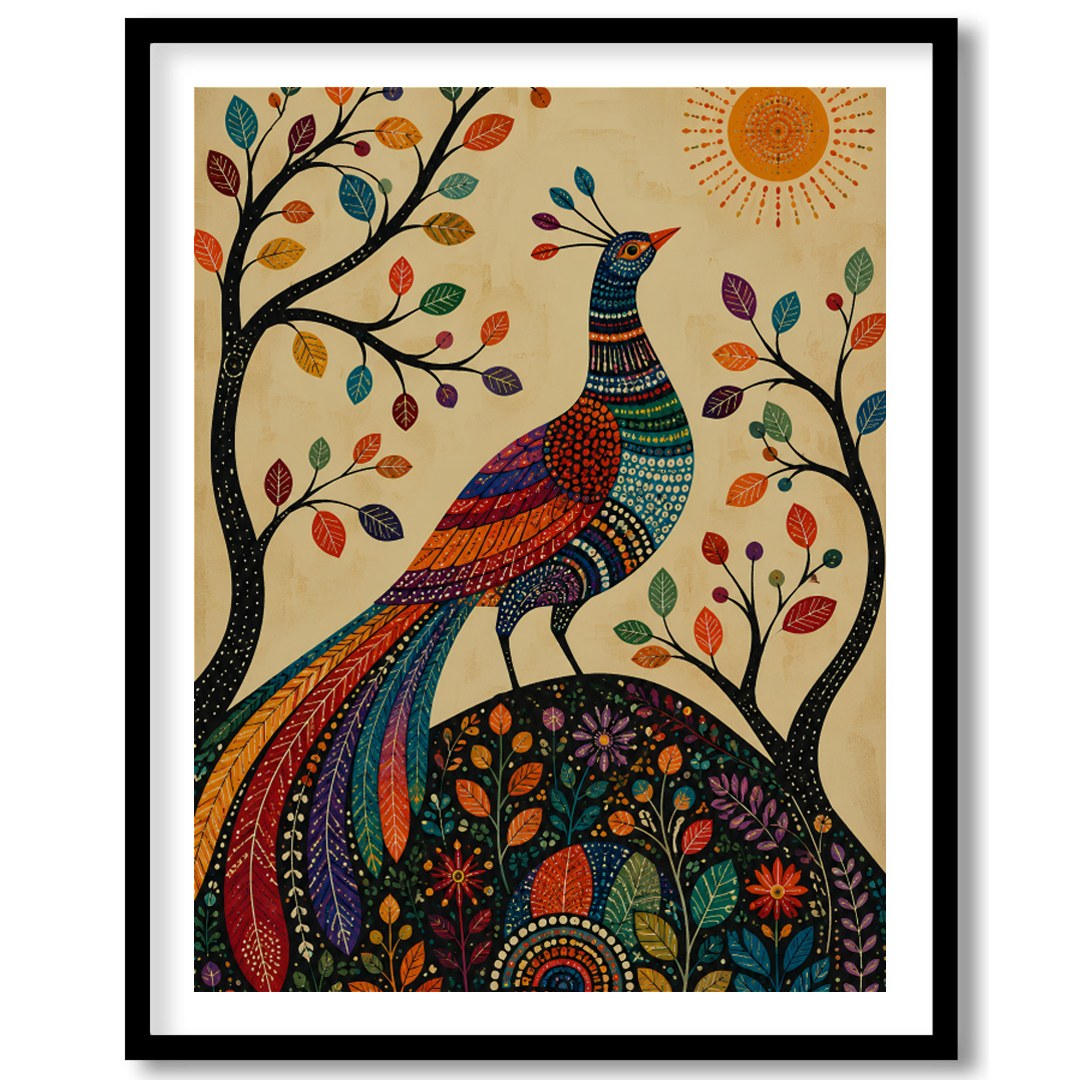 This captivating piece of art features a majestic peacock adorned in vibrant colors, standing for lovely-house