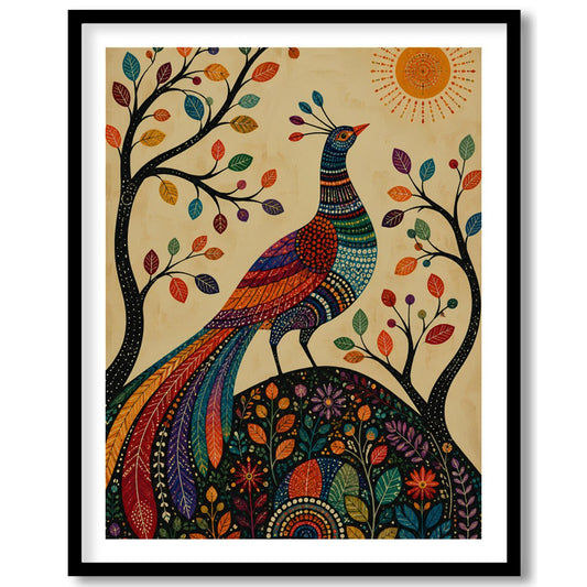 This captivating piece of art features a majestic peacock adorned in vibrant colors, standing for lovely-house