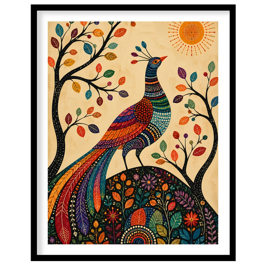 This captivating piece of art features a majestic peacock adorned in vibrant colors, standing for lovely-house