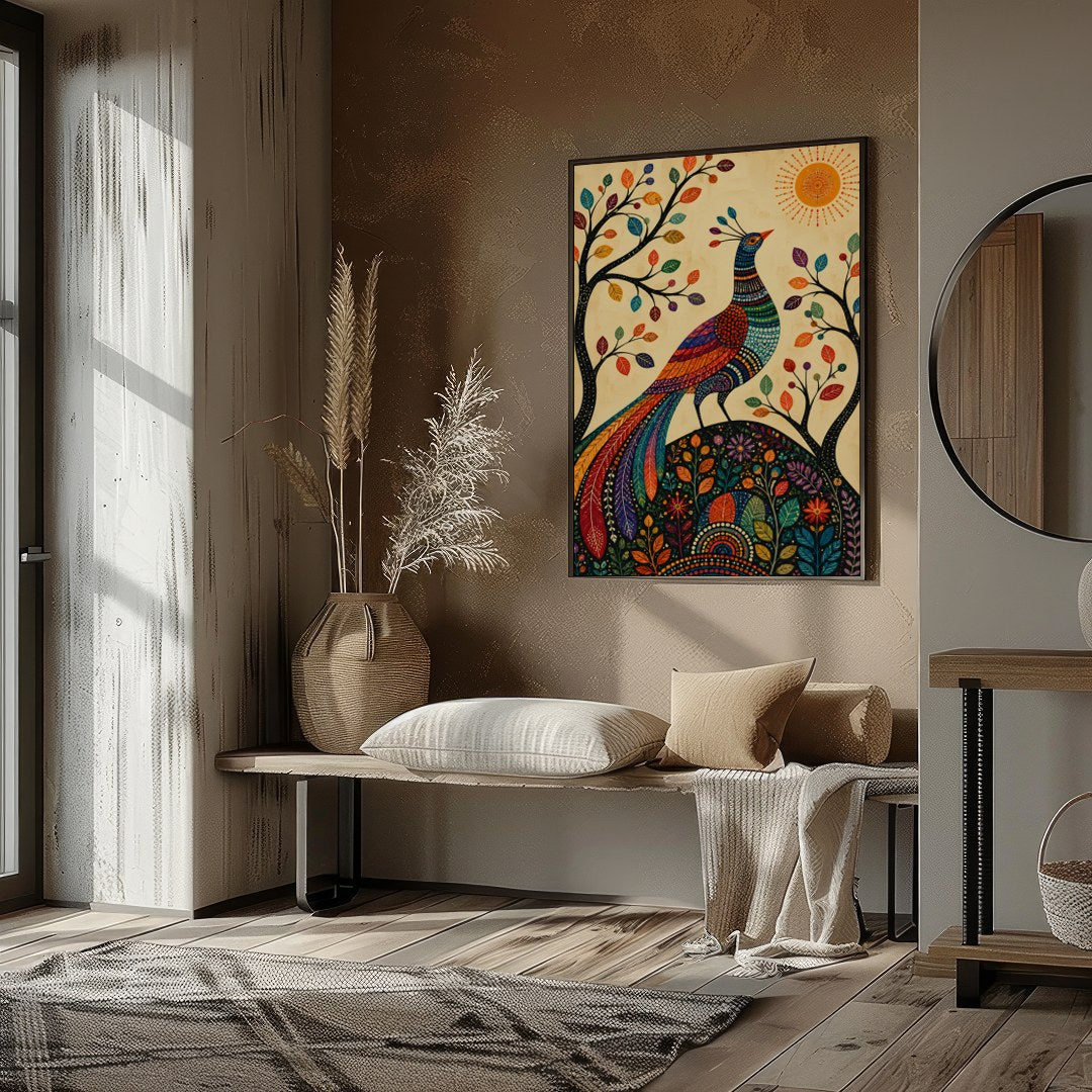 This captivating piece of art features a majestic peacock adorned in vibrant colors, standing for office