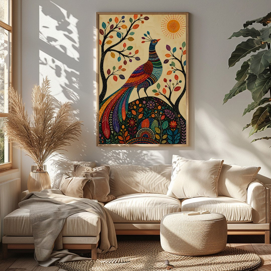 This captivating piece of art features a majestic peacock adorned in vibrant colors, standing for Sitting Area
