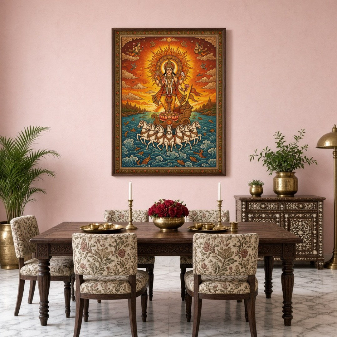 Illuminate your space with this magnificent portrayal of Surya, the Sun God, depicted in for Dining