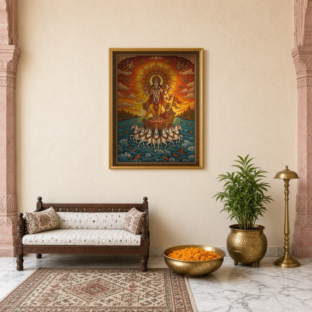 Illuminate your space with this magnificent portrayal of Surya, the Sun God, depicted in for Entrance