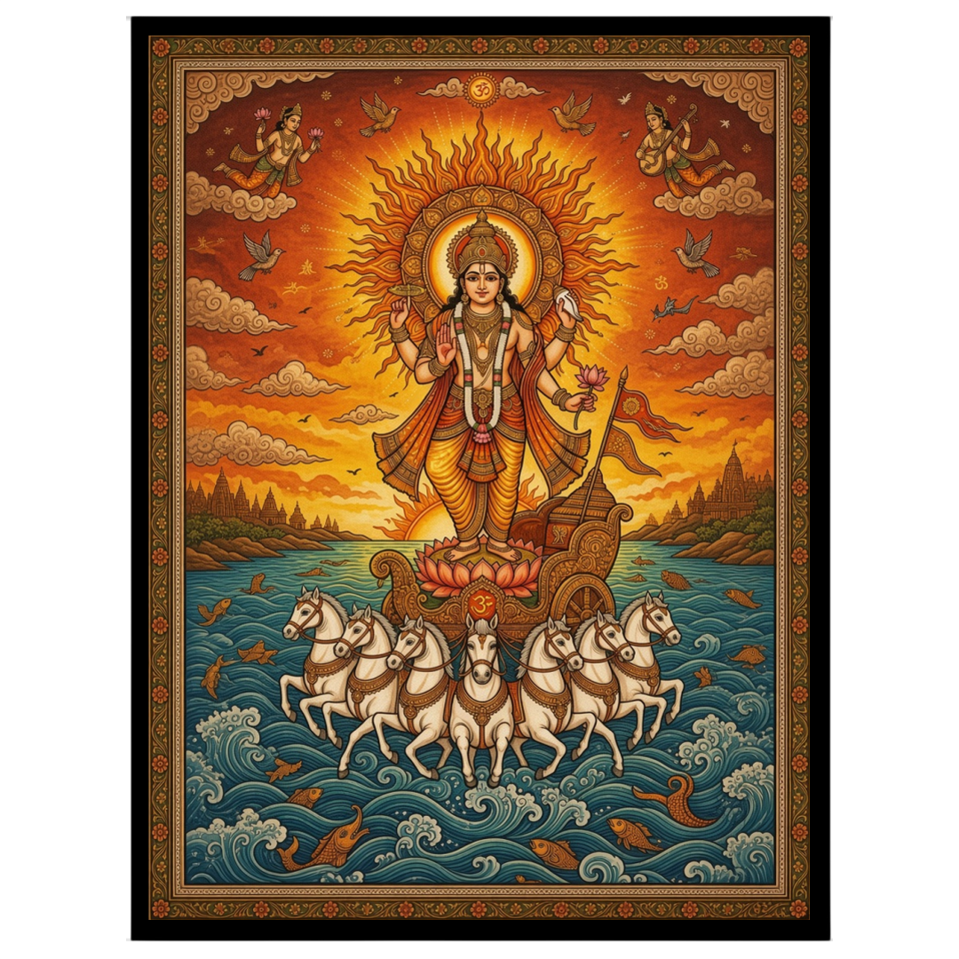 Illuminate your space with this magnificent portrayal of Surya, the Sun God, depicted in for home