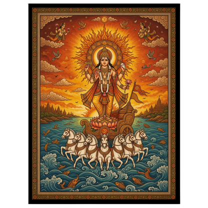 Illuminate your space with this magnificent portrayal of Surya, the Sun God, depicted in for home