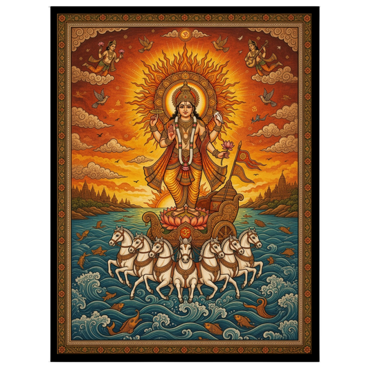 Illuminate your space with this magnificent portrayal of Surya, the Sun God, depicted in for home