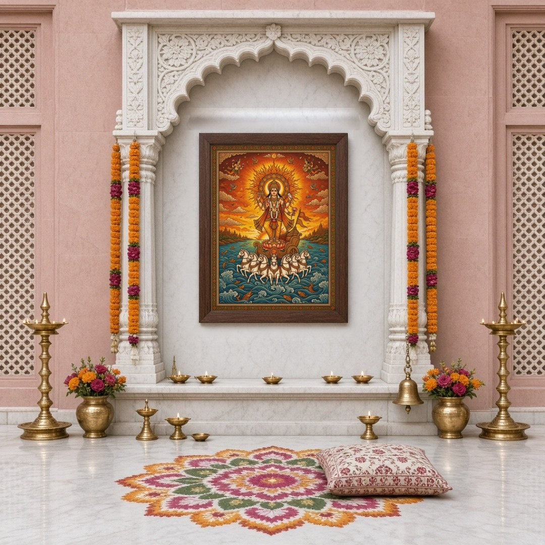 Illuminate your space with this magnificent portrayal of Surya, the Sun God, depicted in for Home Temple