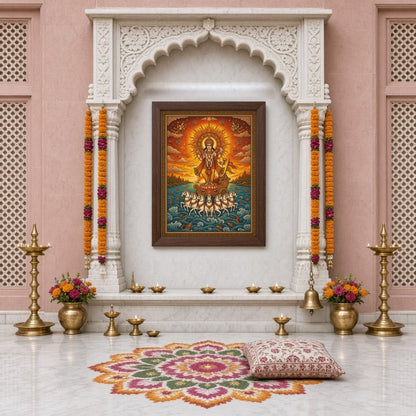Illuminate your space with this magnificent portrayal of Surya, the Sun God, depicted in for Home Temple