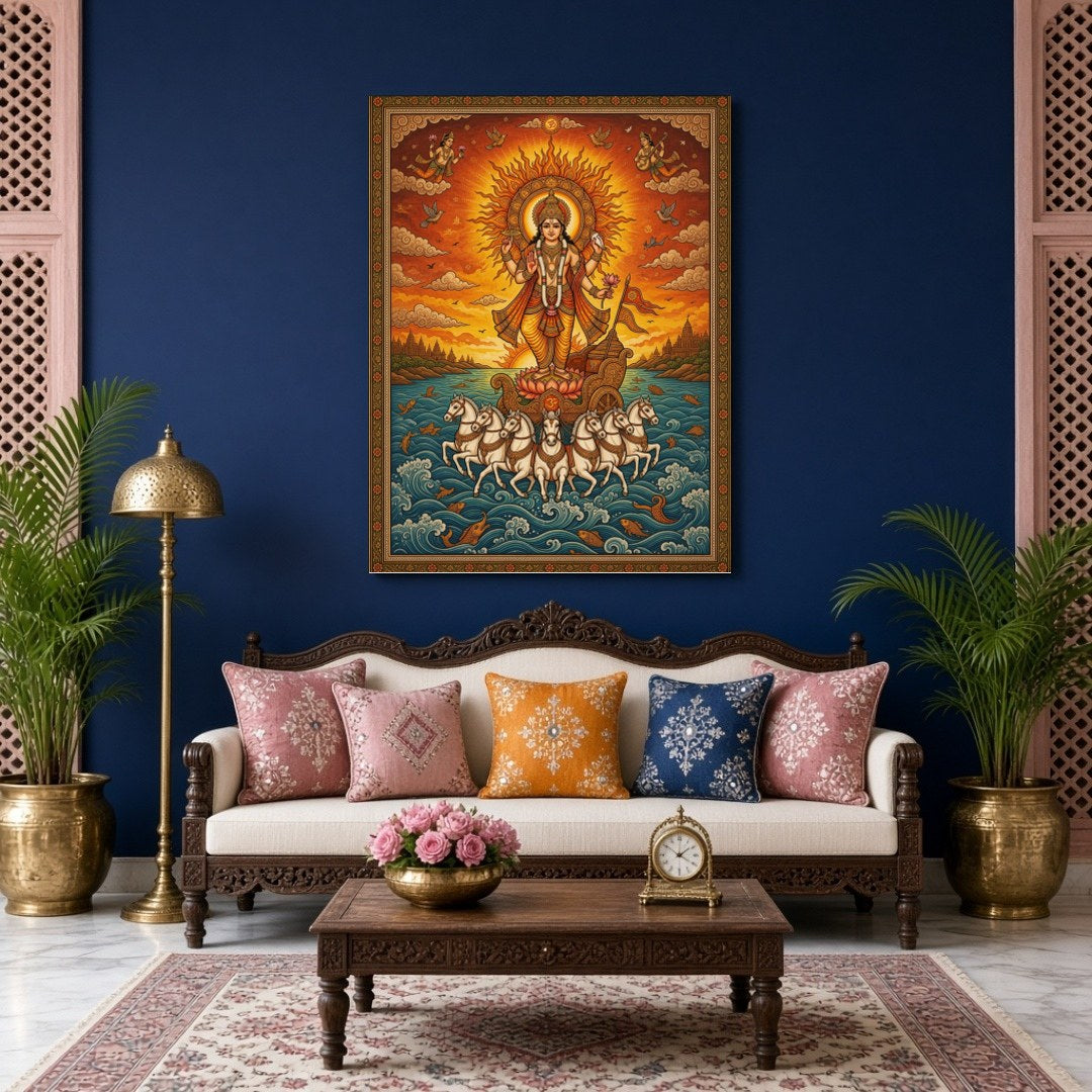 Illuminate your space with this magnificent portrayal of Surya, the Sun God, depicted in for Living Room