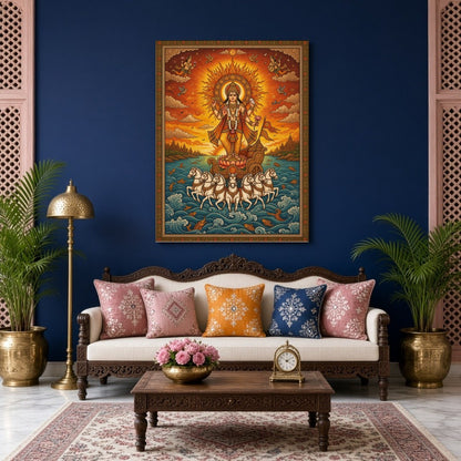 Illuminate your space with this magnificent portrayal of Surya, the Sun God, depicted in for Living Room