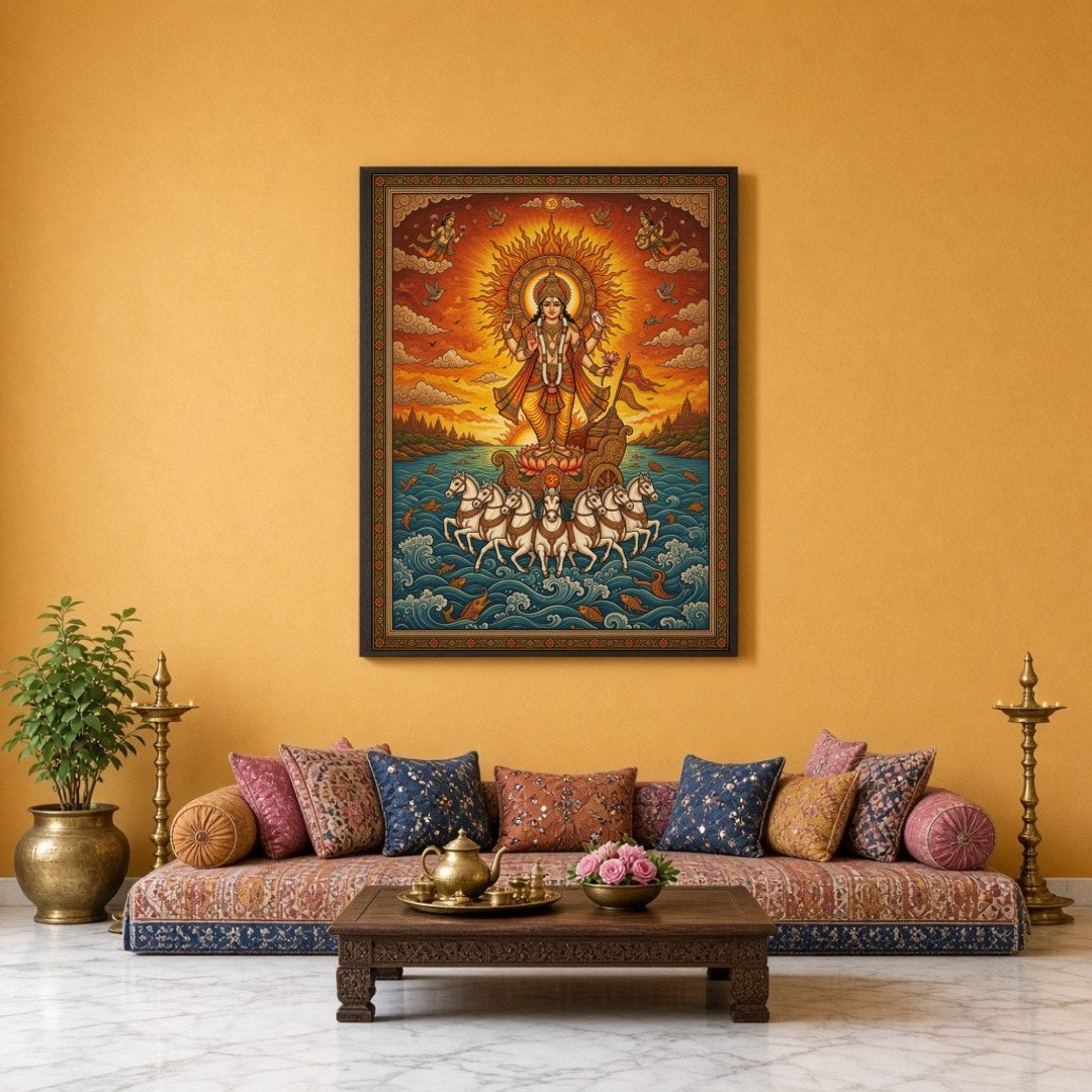 Illuminate your space with this magnificent portrayal of Surya, the Sun God, depicted in for Sitting Lounge
