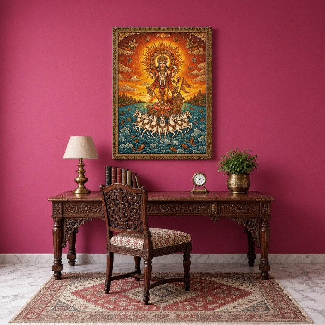 Illuminate your space with this magnificent portrayal of Surya, the Sun God, depicted in for Study
