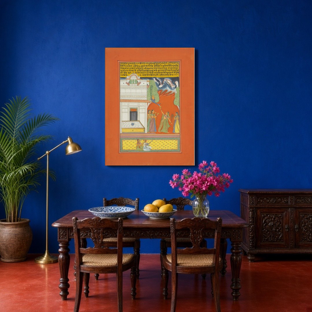 Immerse yourself in the enchanting world of Ragamala artistry with this exquisite print, featuring for Dining