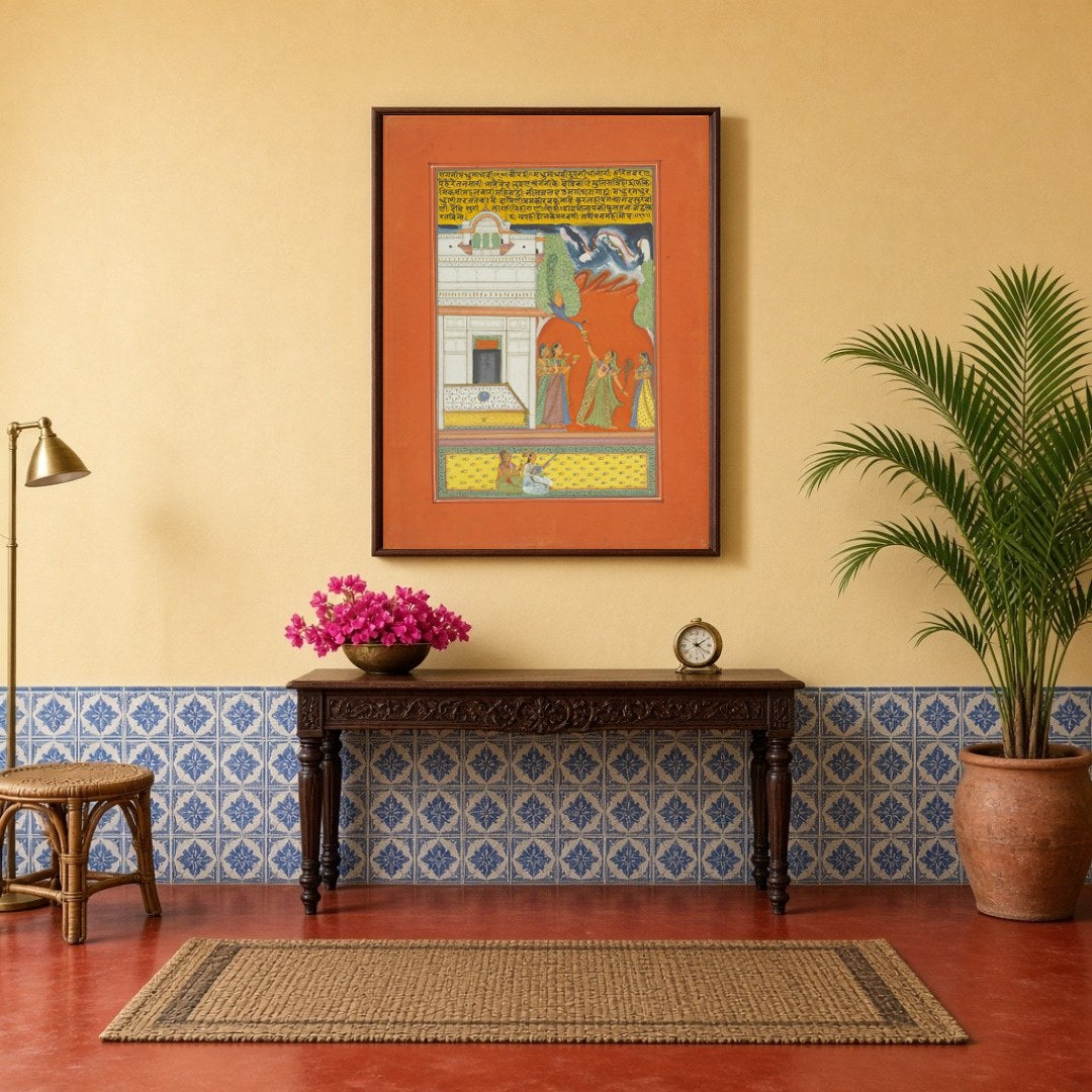 Immerse yourself in the enchanting world of Ragamala artistry with this exquisite print, featuring for Hallway