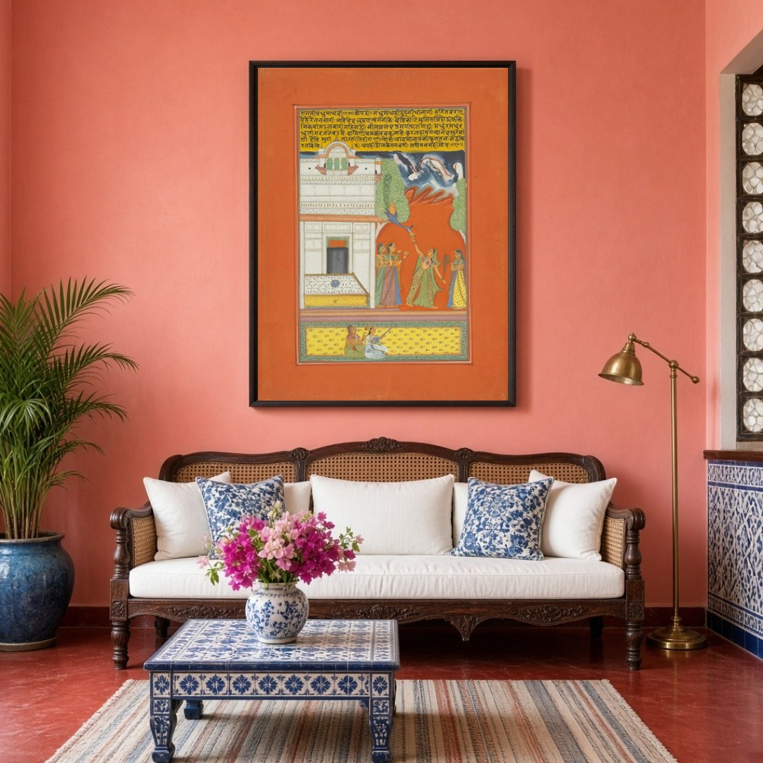 Immerse yourself in the enchanting world of Ragamala artistry with this exquisite print, featuring for Living Room
