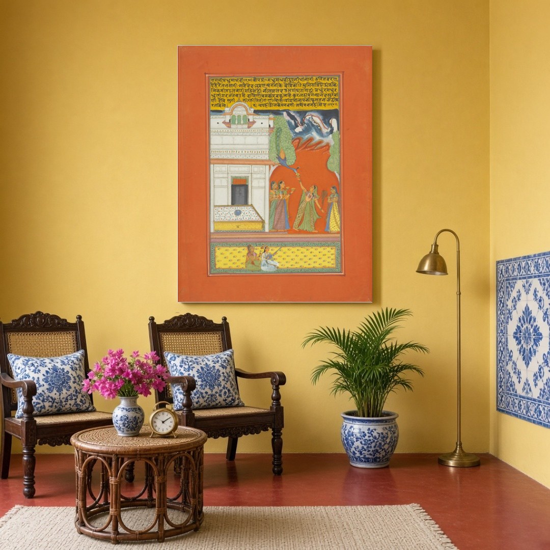 Immerse yourself in the enchanting world of Ragamala artistry with this exquisite print, featuring for Sitting Area