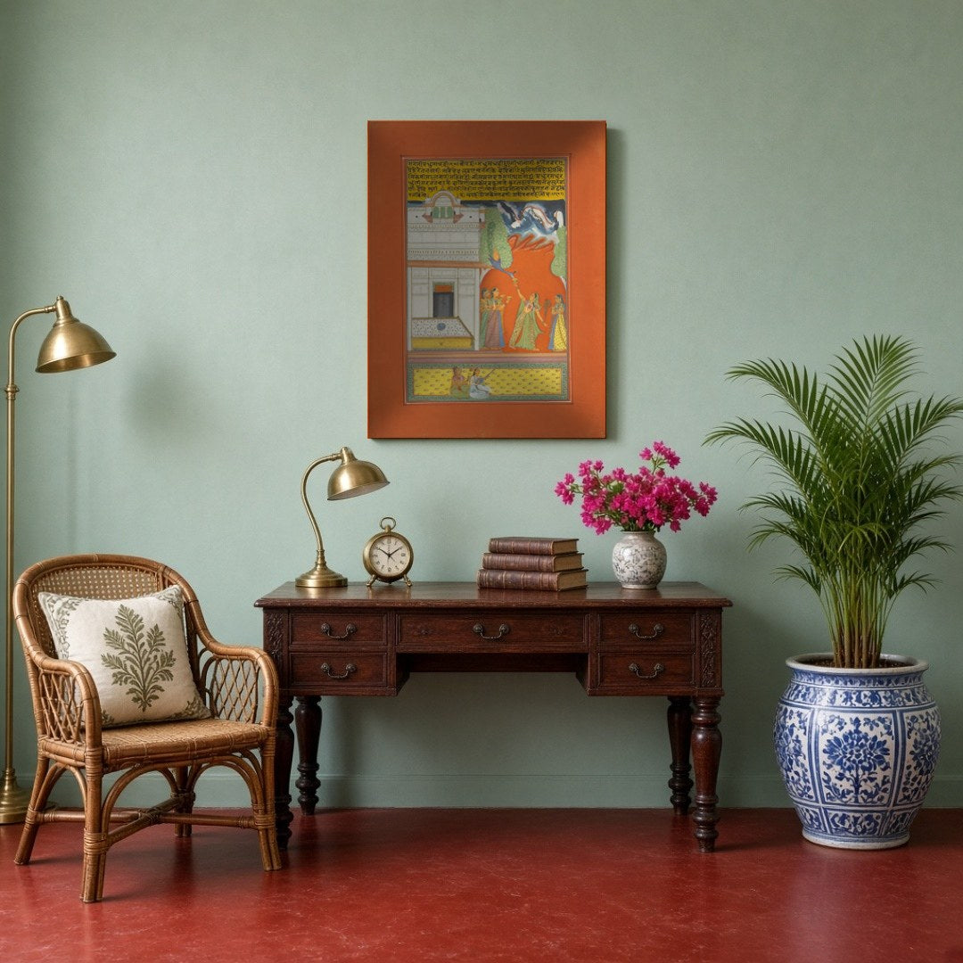 Immerse yourself in the enchanting world of Ragamala artistry with this exquisite print, featuring for Study