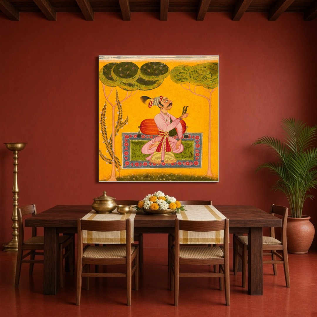 Immerse yourself in the soothing allure of Raja Mandhata depicted within a traditional Ragamala for Dining