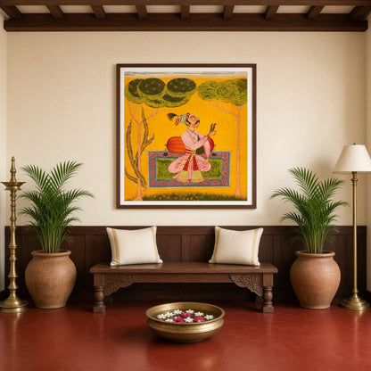 Immerse yourself in the soothing allure of Raja Mandhata depicted within a traditional Ragamala for Entrance