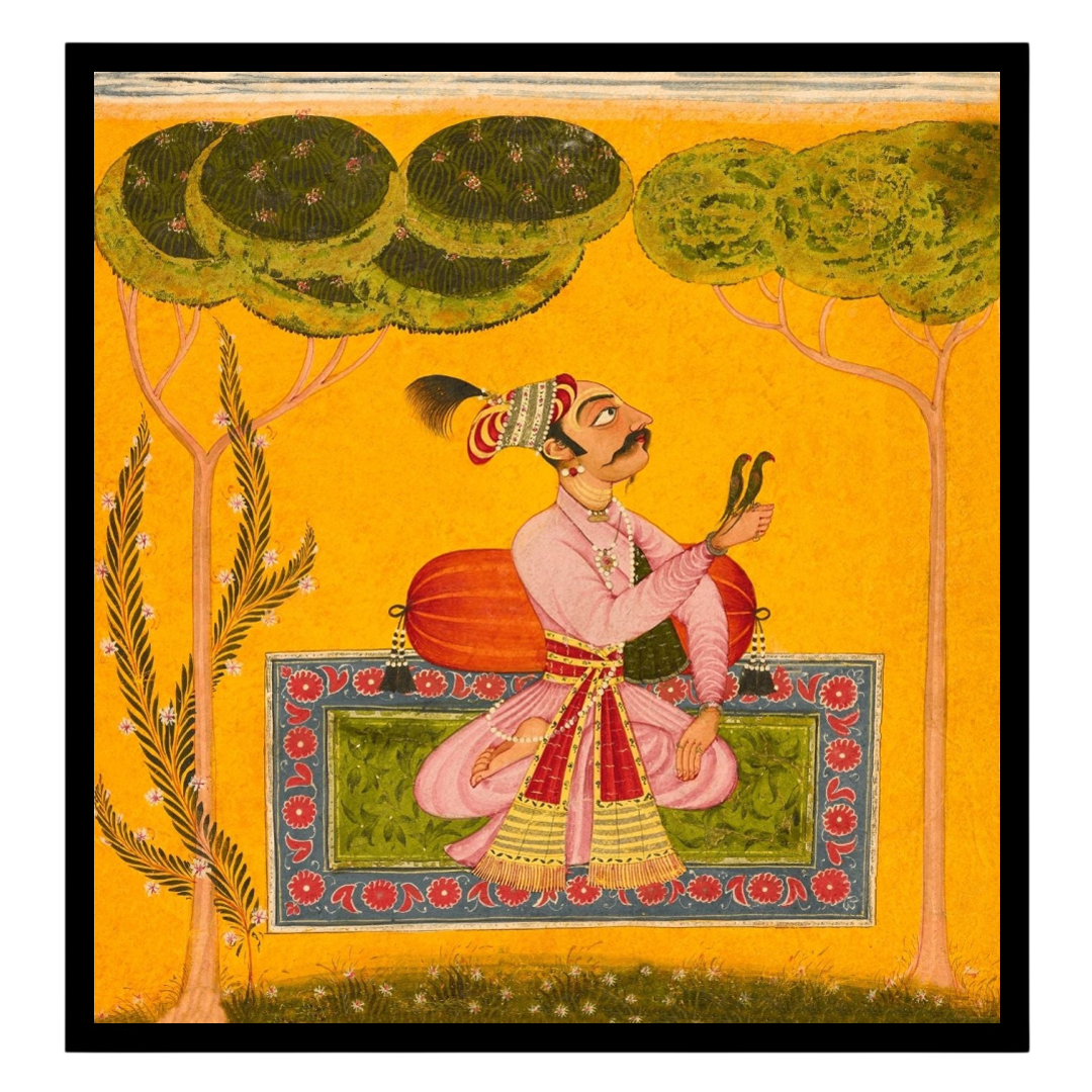 Immerse yourself in the soothing allure of Raja Mandhata depicted within a traditional Ragamala for hallway