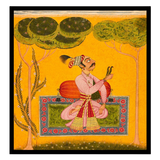 Immerse yourself in the soothing allure of Raja Mandhata depicted within a traditional Ragamala for hallway