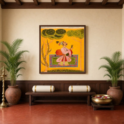 Immerse yourself in the soothing allure of Raja Mandhata depicted within a traditional Ragamala for haven