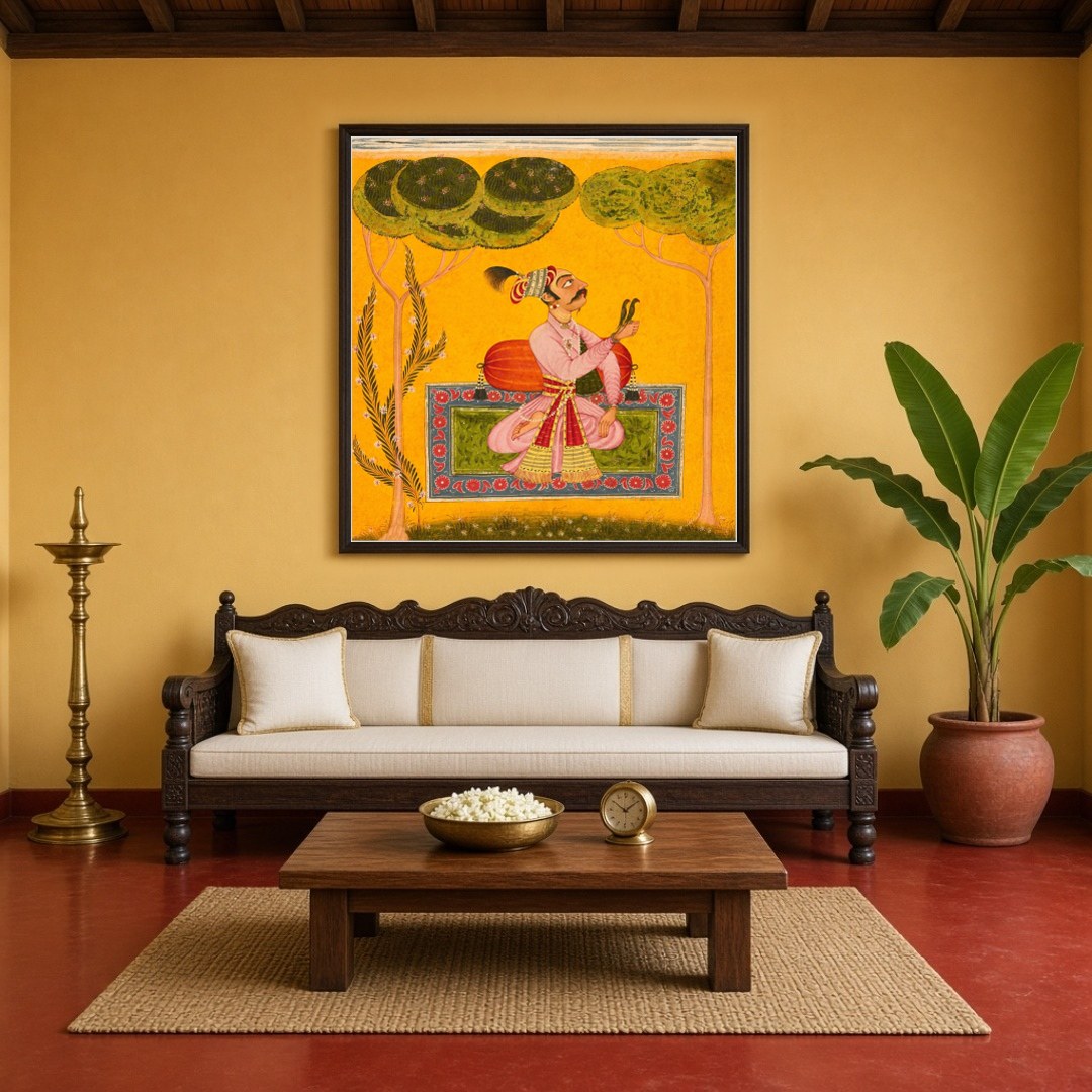 Immerse yourself in the soothing allure of Raja Mandhata depicted within a traditional Ragamala for Living Room