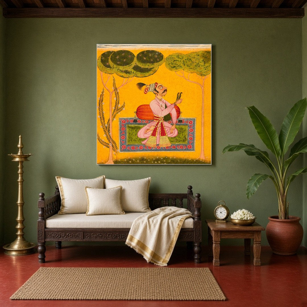 Immerse yourself in the soothing allure of Raja Mandhata depicted within a traditional Ragamala for Sitting Area