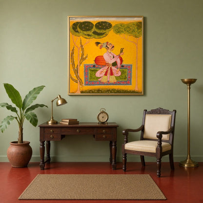 Immerse yourself in the soothing allure of Raja Mandhata depicted within a traditional Ragamala for Study