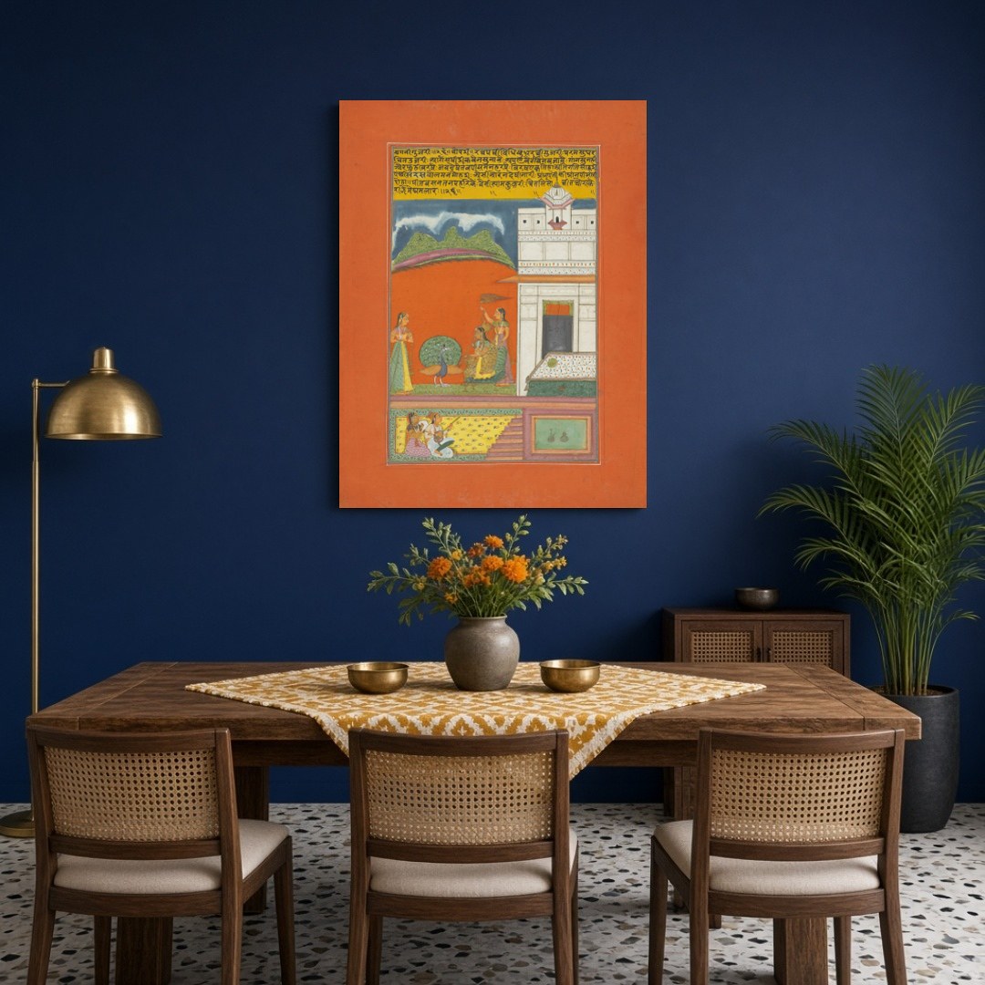 Experience the mesmerizing allure of Ragamala art with this enchanting scene featuring a graceful for Dining