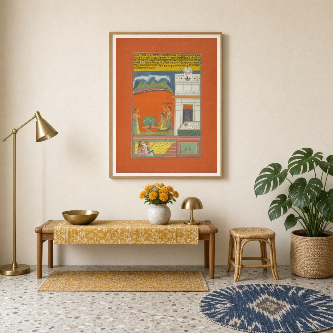 Experience the mesmerizing allure of Ragamala art with this enchanting scene featuring a graceful for Entrance
