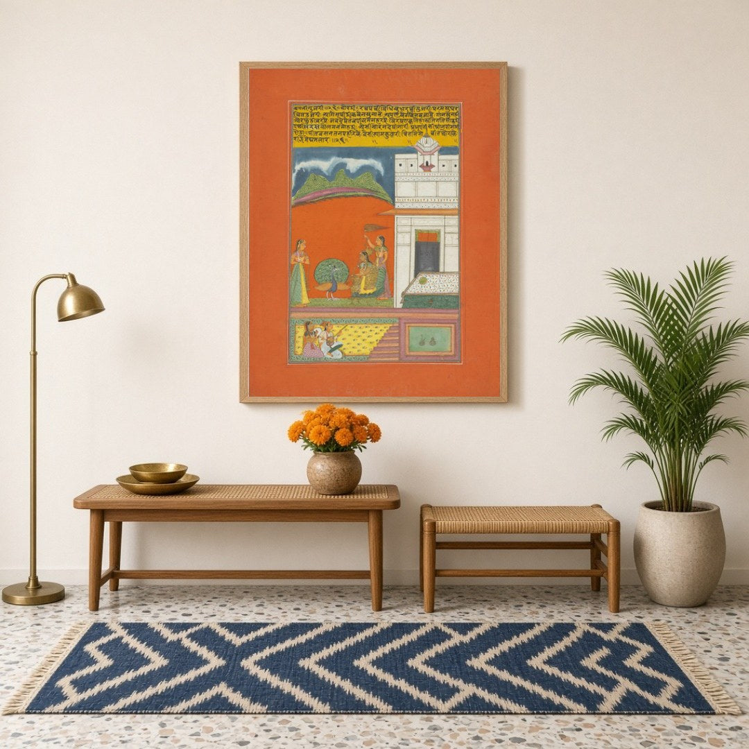 Experience the mesmerizing allure of Ragamala art with this enchanting scene featuring a graceful for Hallway