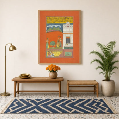 Experience the mesmerizing allure of Ragamala art with this enchanting scene featuring a graceful for Hallway