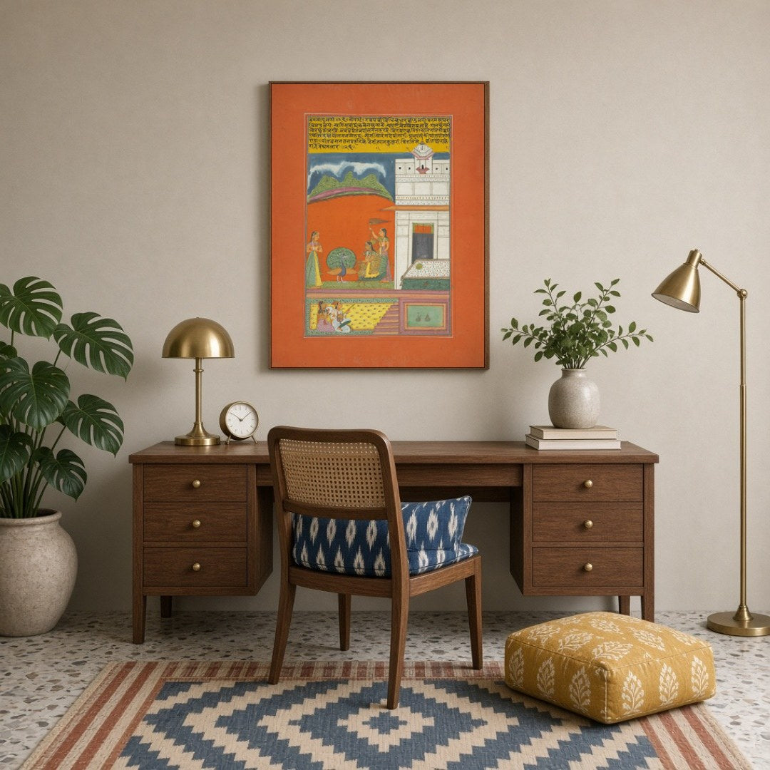 Experience the mesmerizing allure of Ragamala art with this enchanting scene featuring a graceful for Study