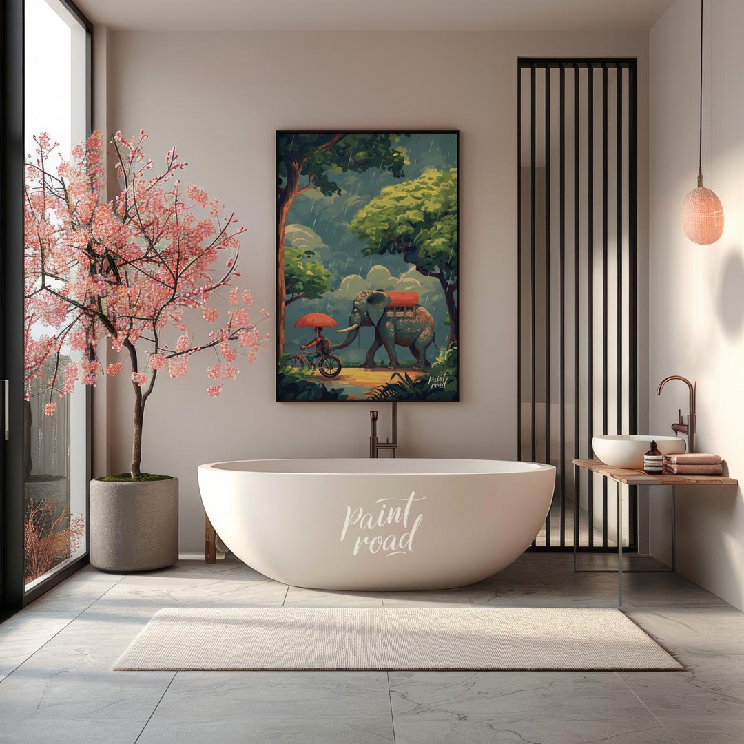 This charming and whimsical illustration captures a peaceful moment in a rain shower, featuring a p… for bathroom